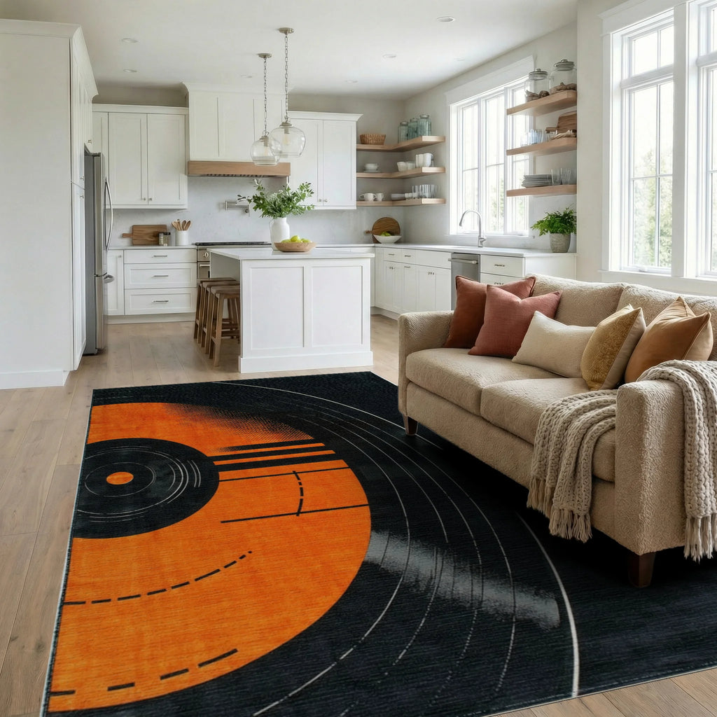 Vibrant Orange Black Vinyl Record Rug - Living Room View
