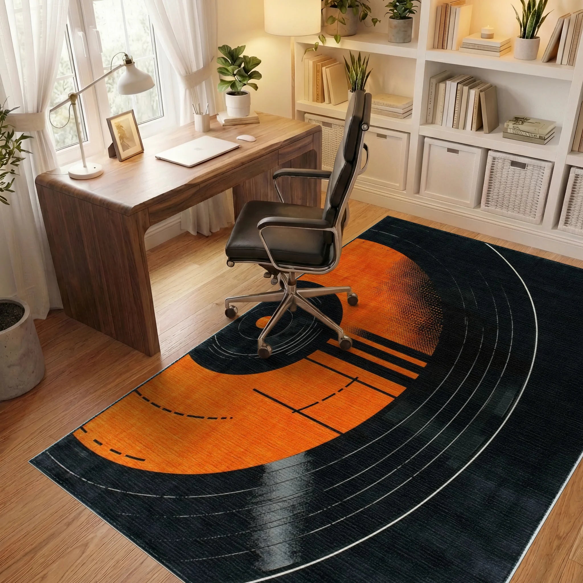 Vibrant Orange Black Vinyl Record Rug - Office View
