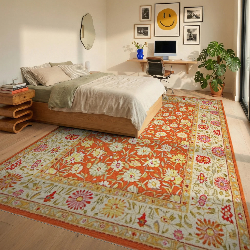 Vibrant Orange Floral Garden Rug - Bedroom View
