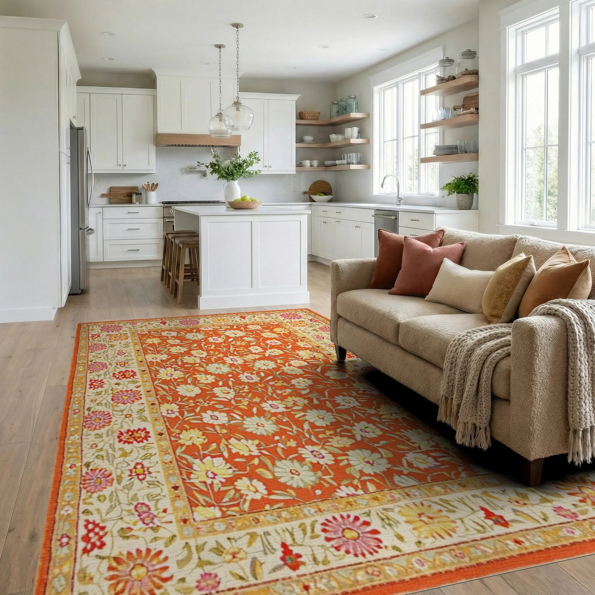 Vibrant Orange Floral Garden Rug - Living Room View