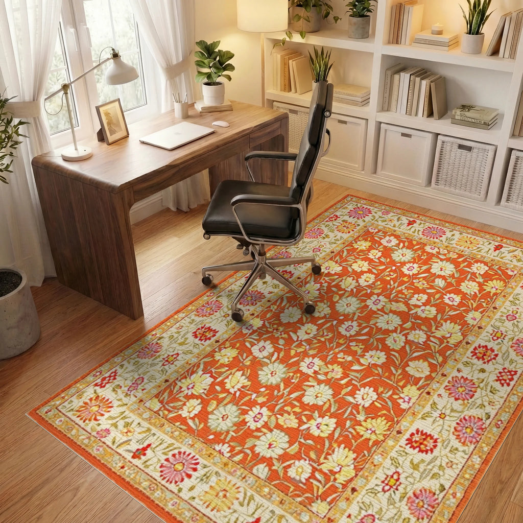Vibrant Orange Floral Garden Rug - Office View