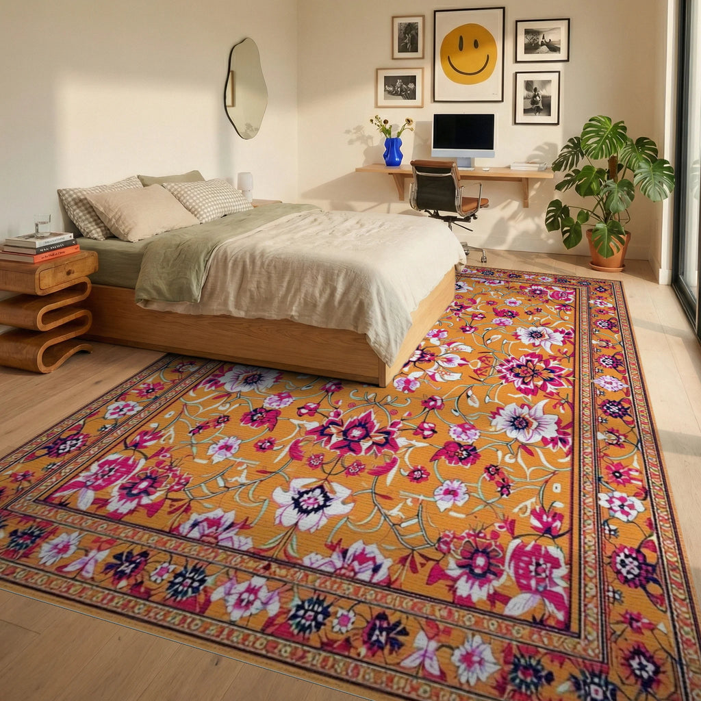 Vibrant Orange Floral Vine Rug - Bedroom View
