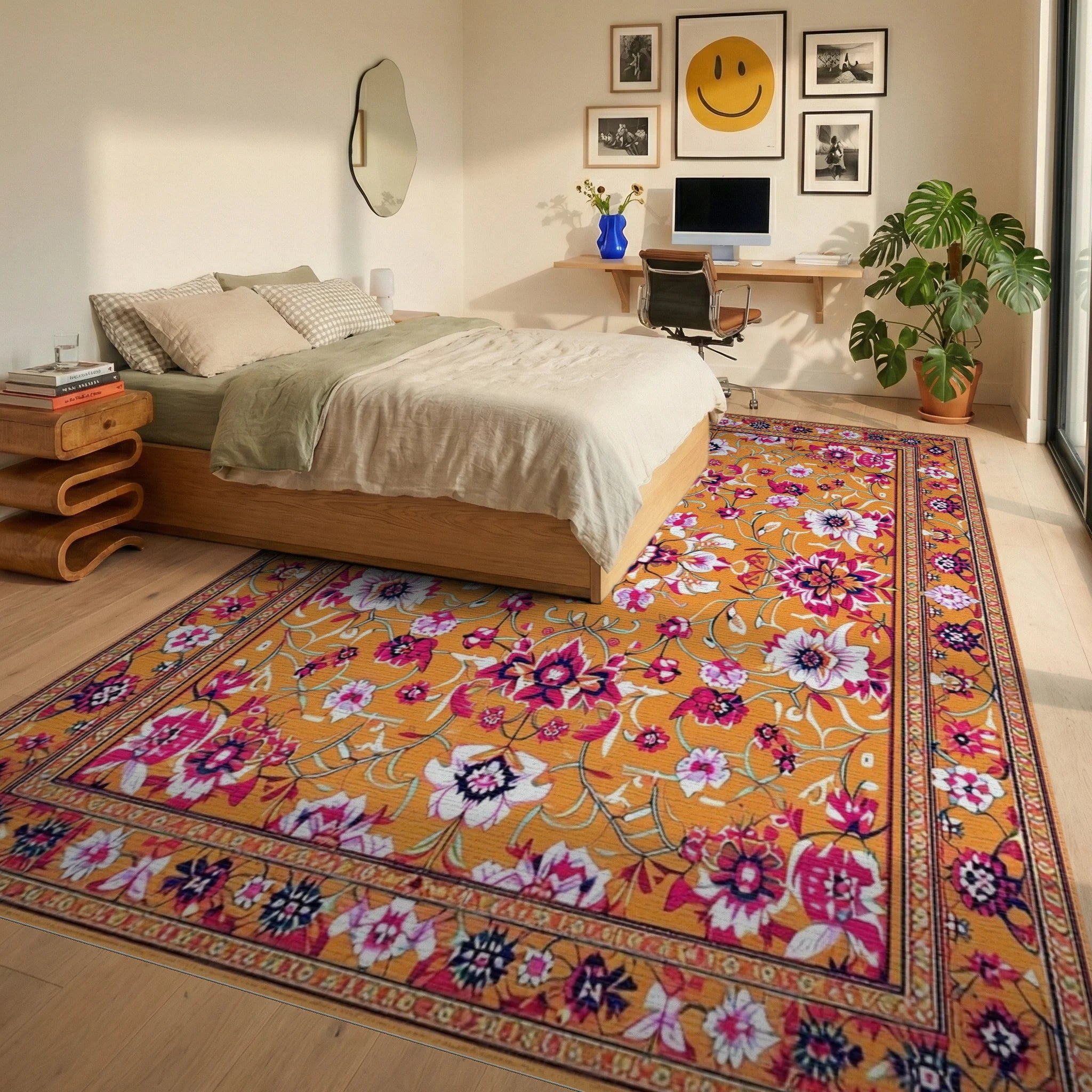 Vibrant Orange Floral Vine Rug - Bedroom View