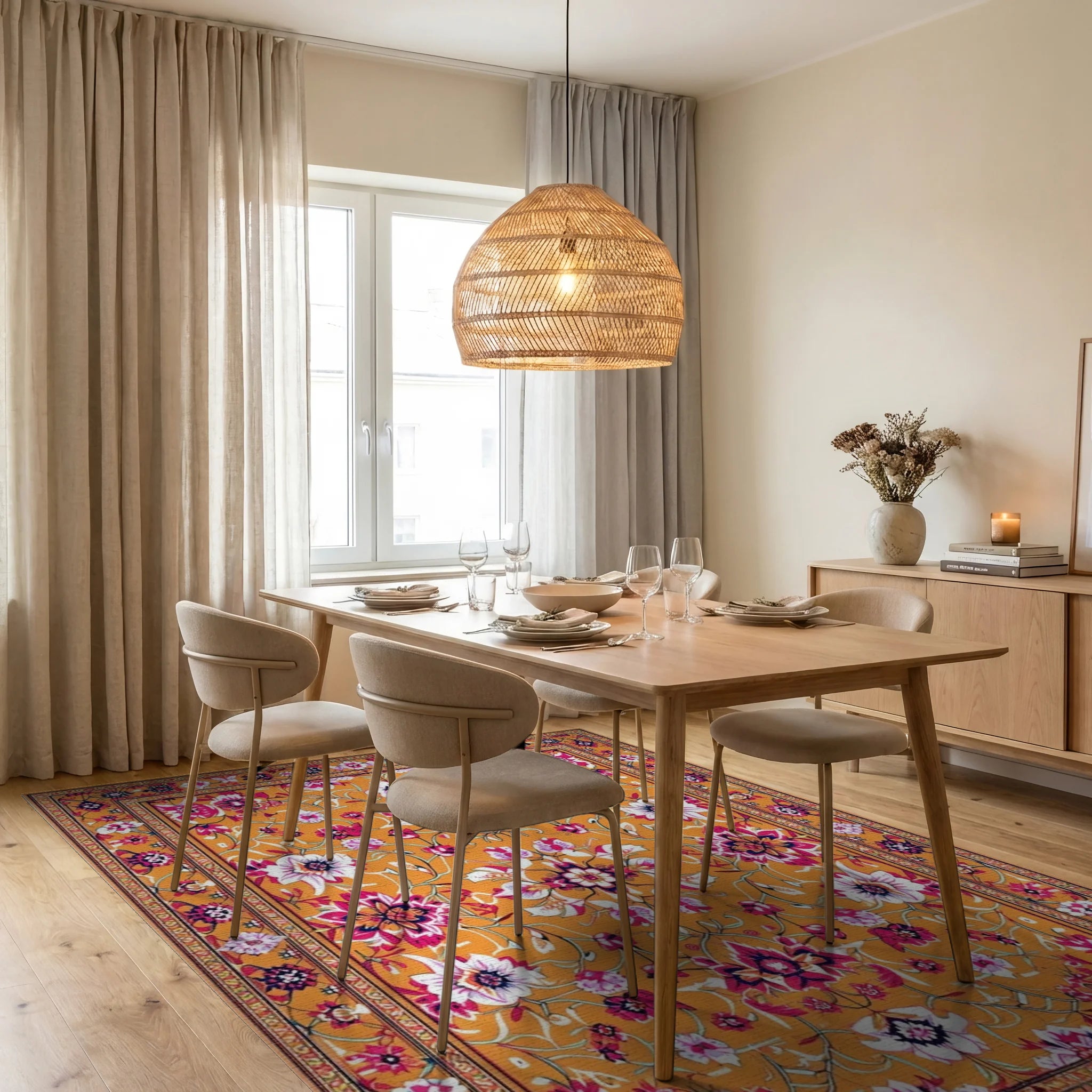 Vibrant Orange Floral Vine Rug - Dining Room View