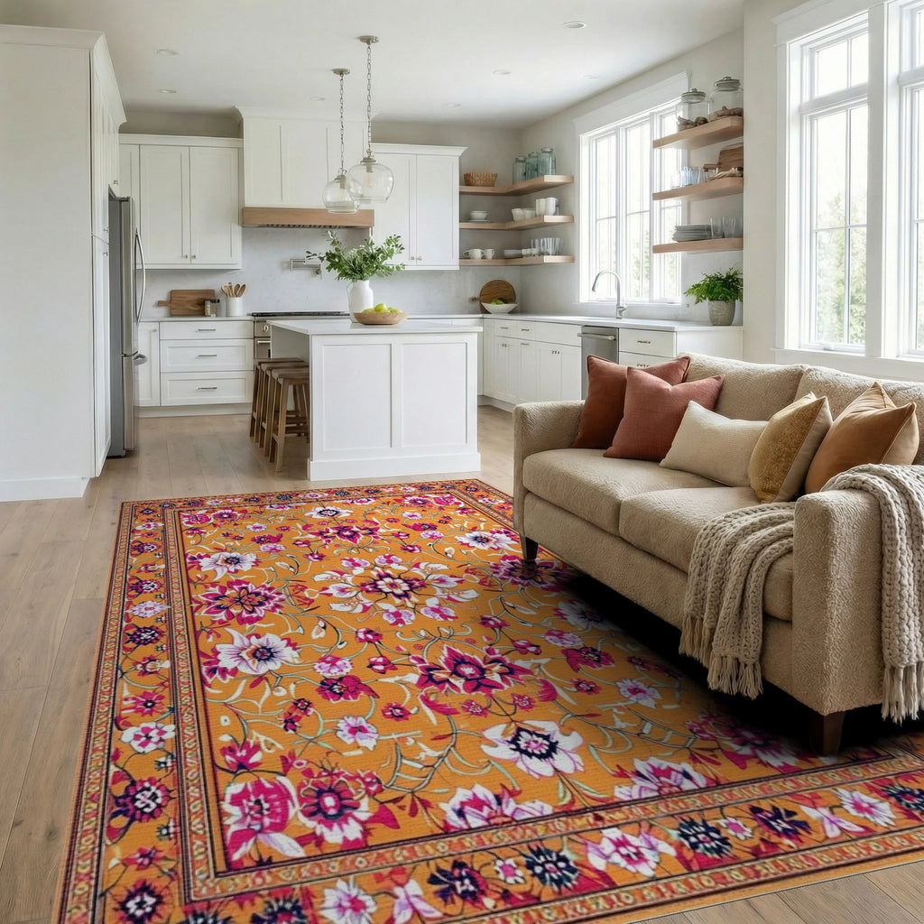 Vibrant Orange Floral Vine Rug - Living Room View