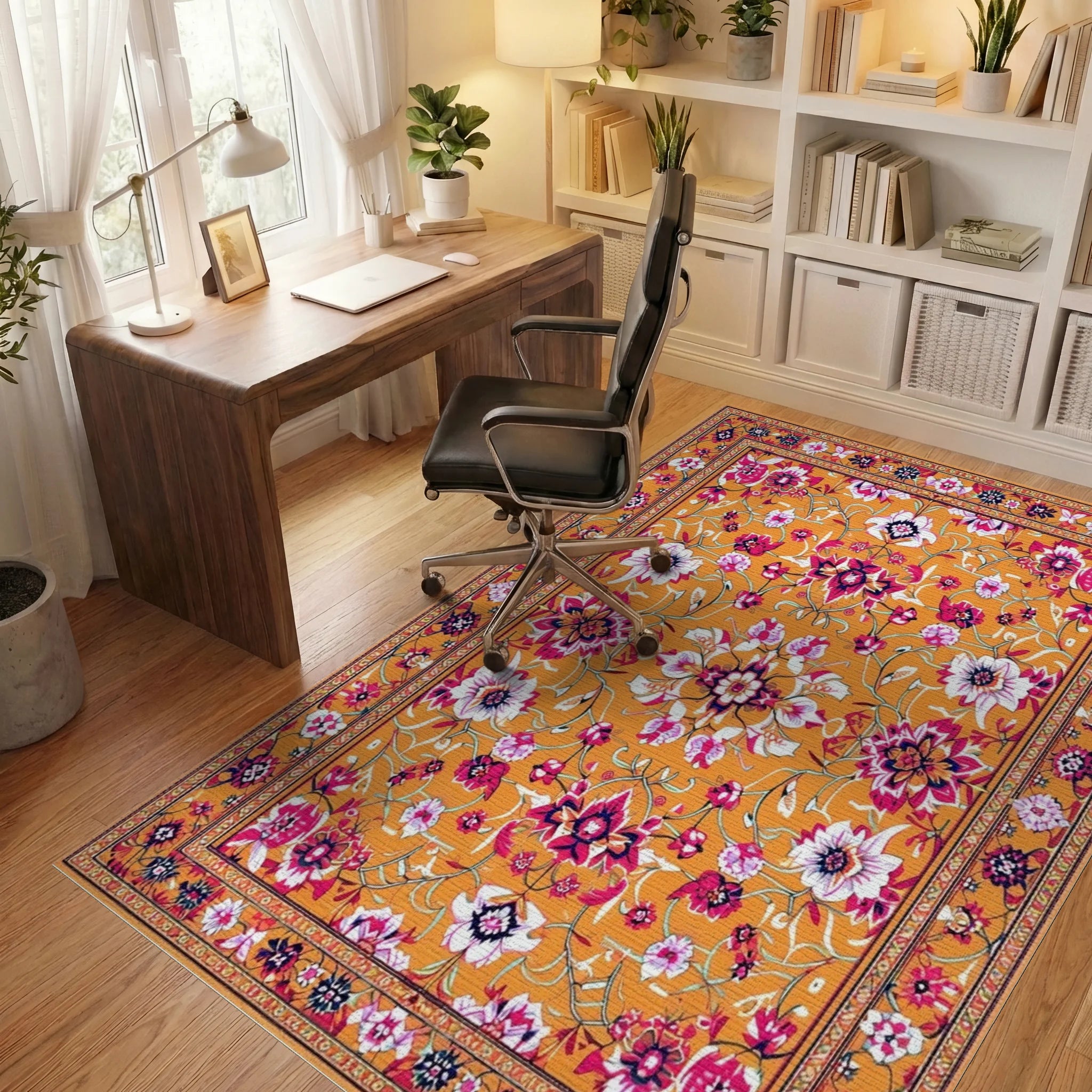 Vibrant Orange Floral Vine Rug - Office View
