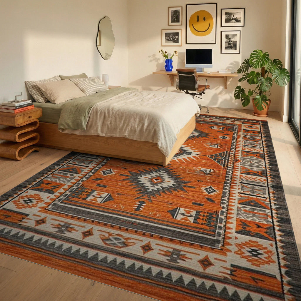 Vibrant Orange Geometric Medallion Rug - Bedroom View