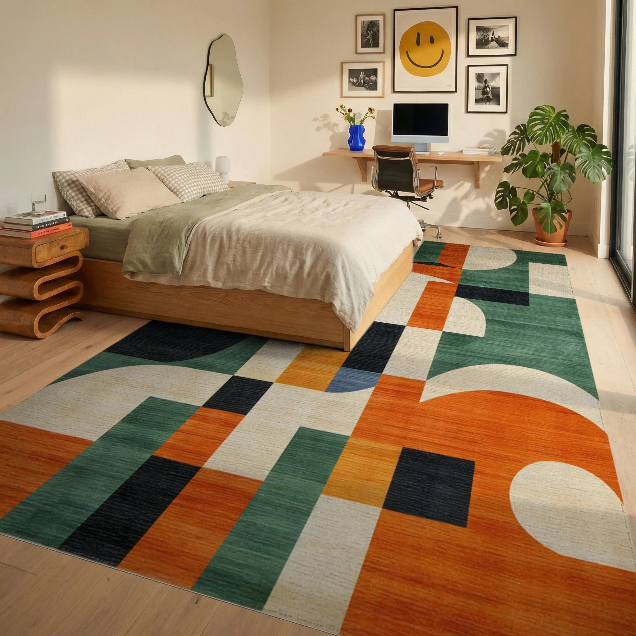 Vibrant Orange Green Geometric Rug - Bedroom View