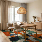 Vibrant Orange Green Geometric Rug - Dining Room View