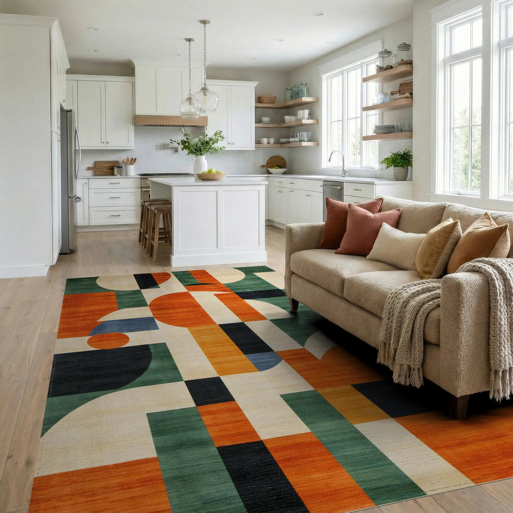 Vibrant Orange Green Geometric Rug - Living Room View