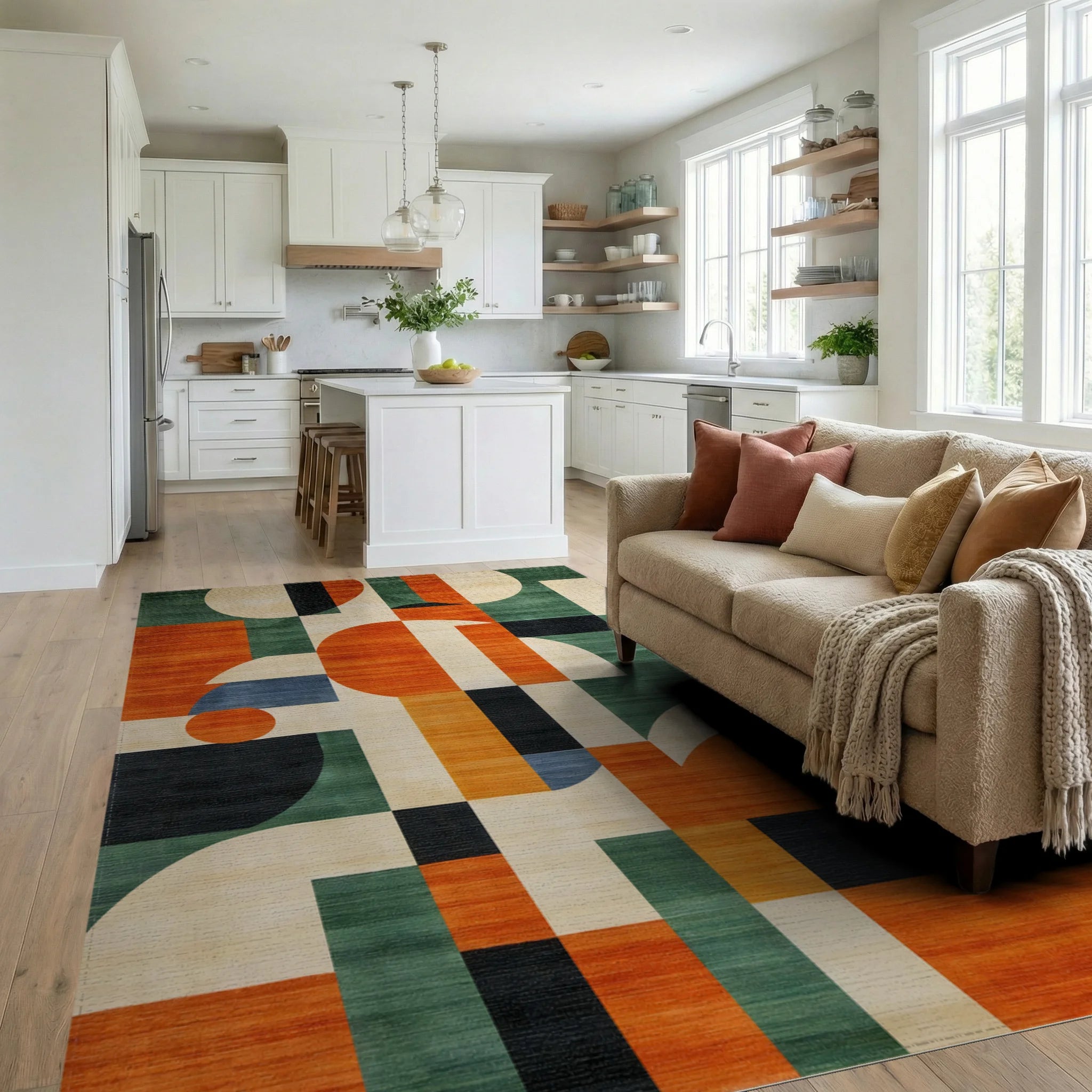 Vibrant Orange Green Geometric Rug - Living Room View