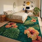 Vibrant Orange Hibiscus Tropical Leaf Design Rug Bedroom View