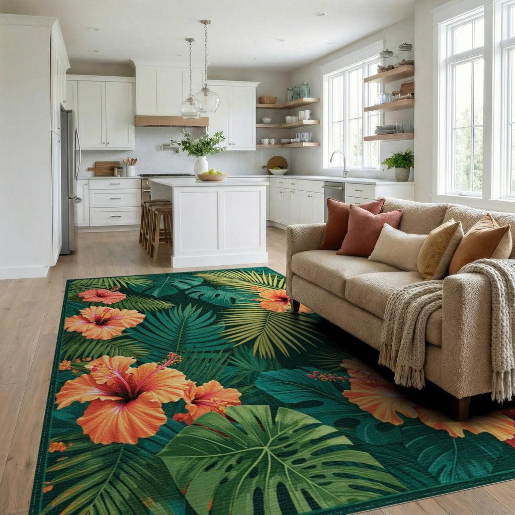 Vibrant Orange Hibiscus Tropical Leaf Design Rug Living Room View