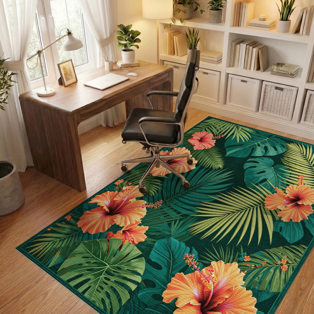 Vibrant Orange Hibiscus Tropical Leaf Design Rug Office View