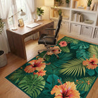 Vibrant Orange Hibiscus Tropical Leaf Design Rug Office View
