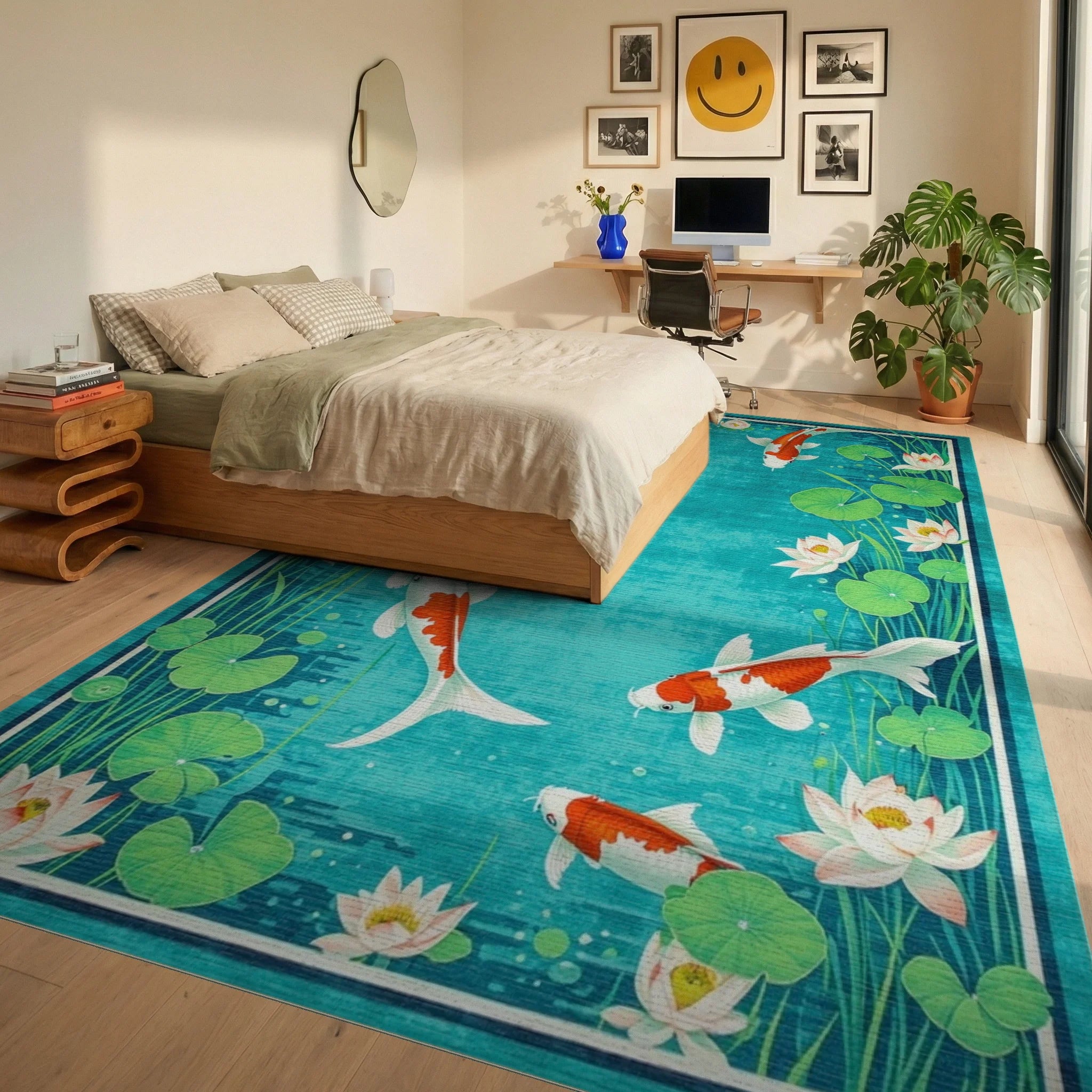 Vibrant Orange Koi Fish Lily Pond Rug - Bedroom View