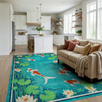 Vibrant Orange Koi Fish Lily Pond Rug - Living Room View