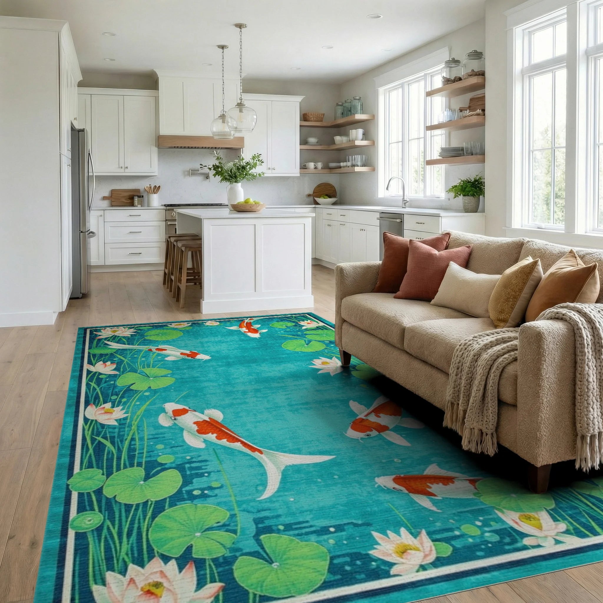 Vibrant Orange Koi Fish Lily Pond Rug - Living Room View