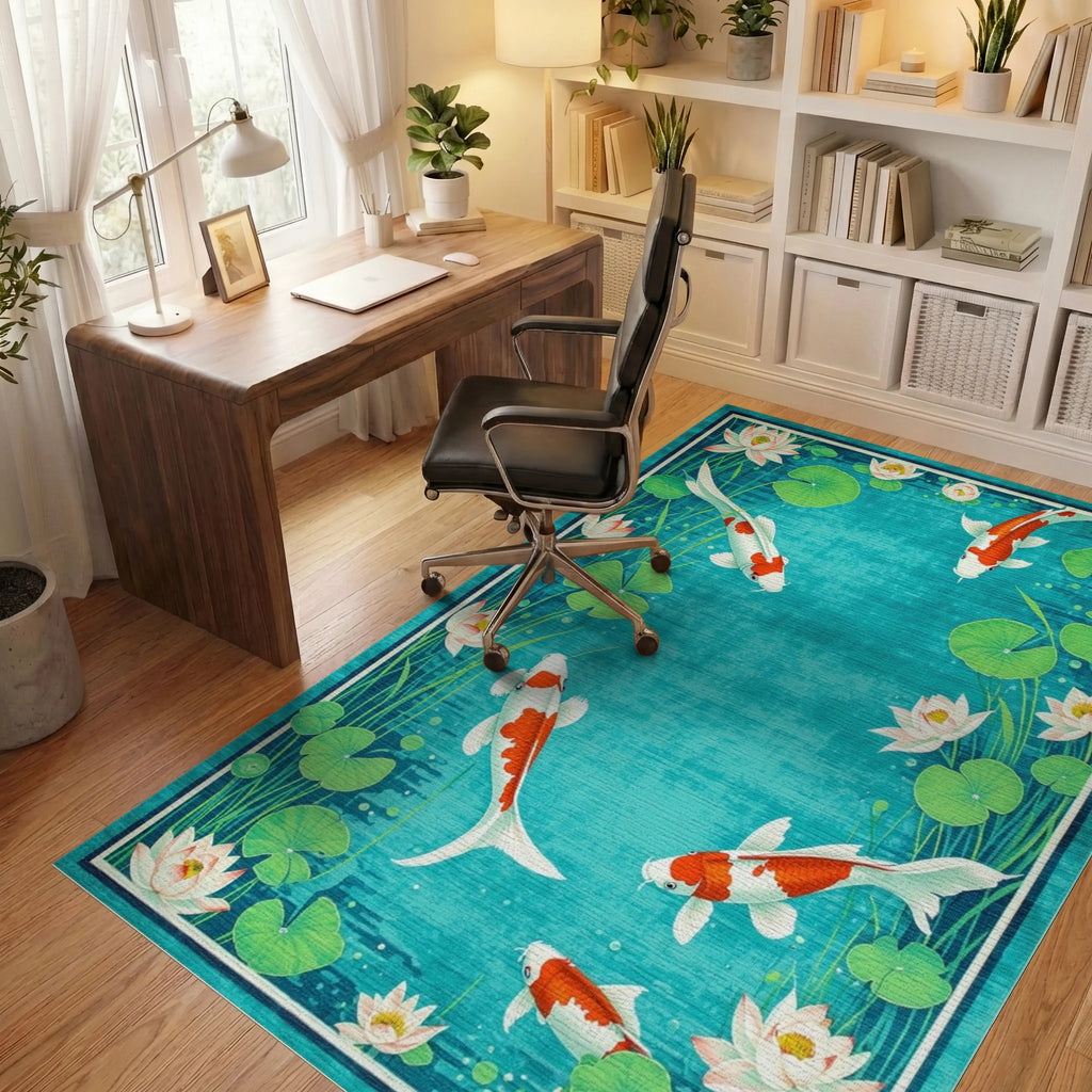 Vibrant Orange Koi Fish Lily Pond Rug - Office View