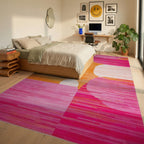 Vibrant Orange Pink Geometric Blend Rug - Bedroom View