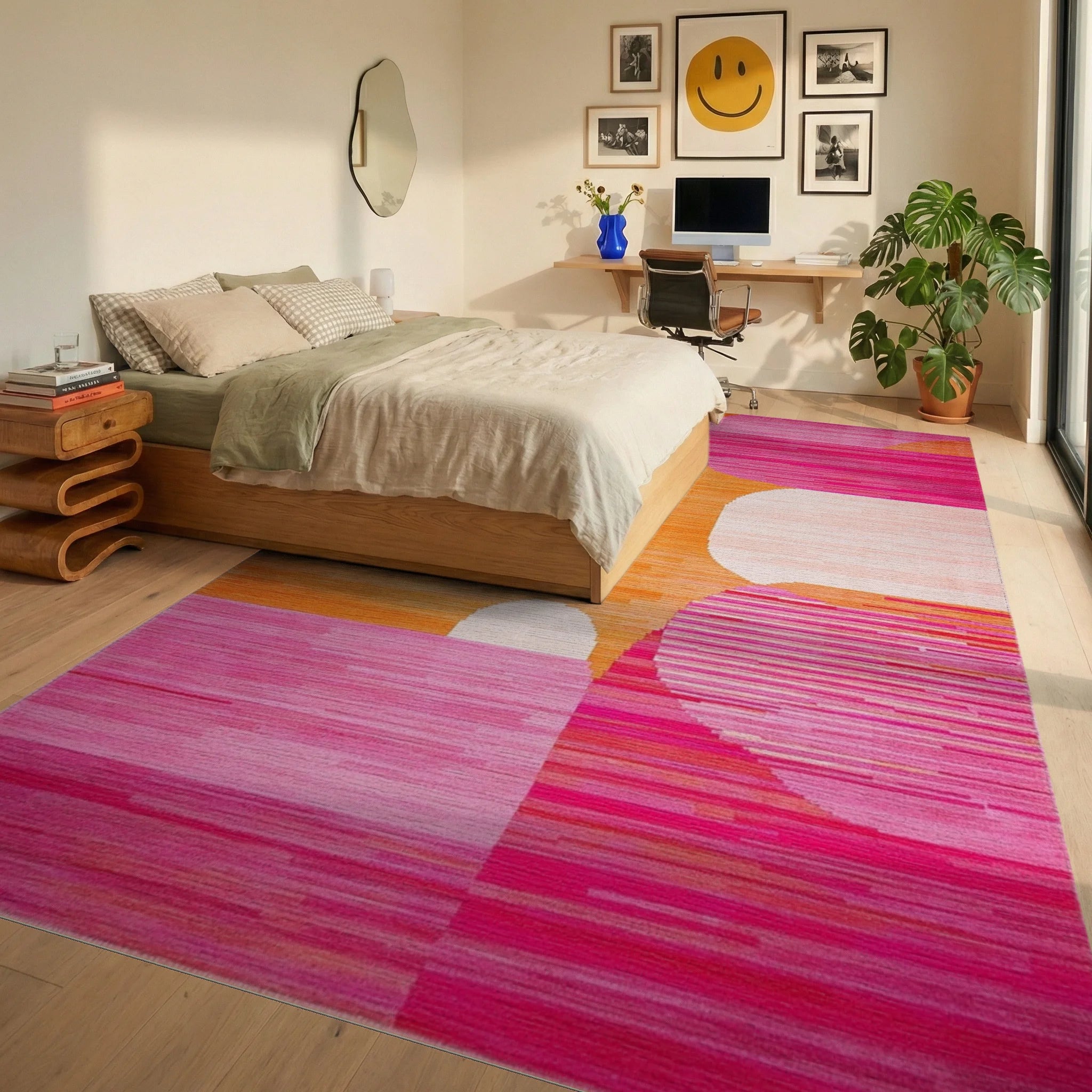 Vibrant Orange Pink Geometric Blend Rug - Bedroom View