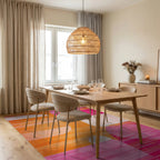 Vibrant Orange Pink Geometric Blend Rug - Dining Room View