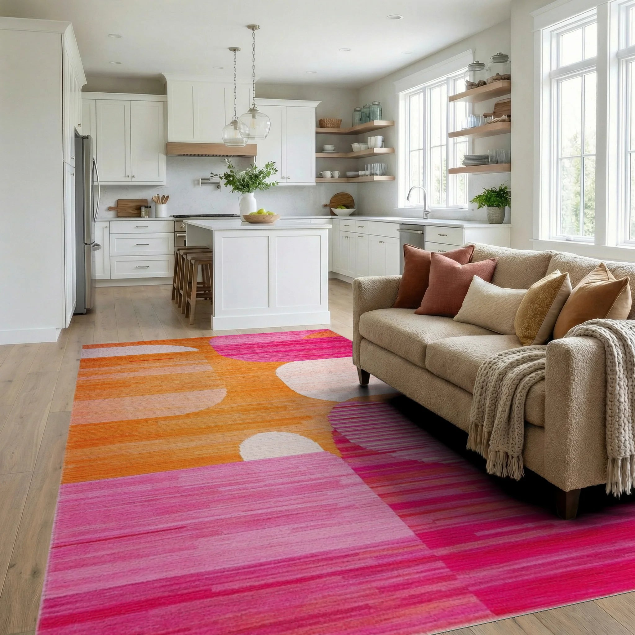 Vibrant Orange Pink Geometric Blend Rug - Living Room View