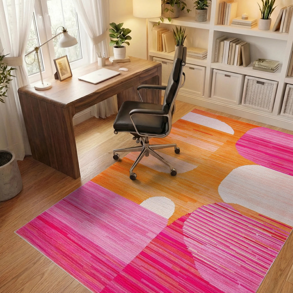 Vibrant Orange Pink Geometric Blend Rug - Office View