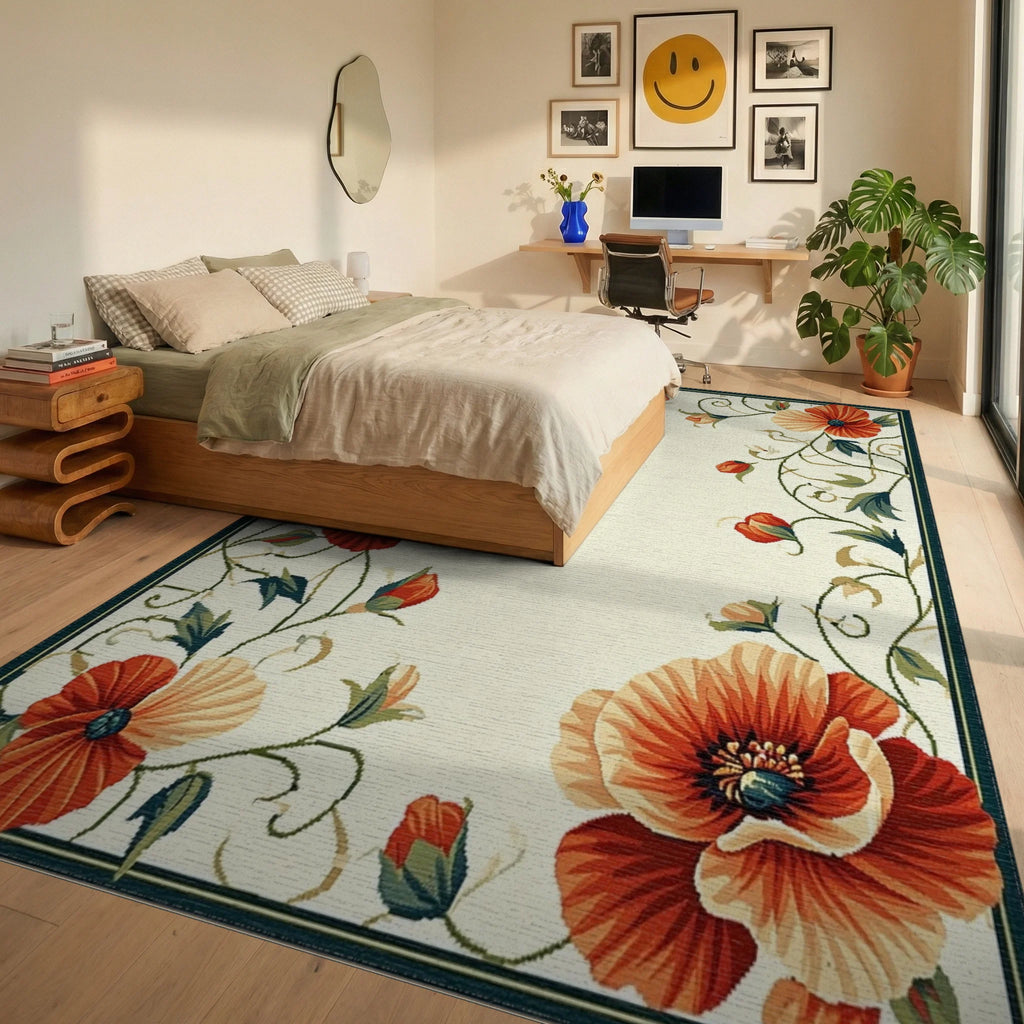 Vibrant Orange Poppy Floral Border Rug - Bedroom View