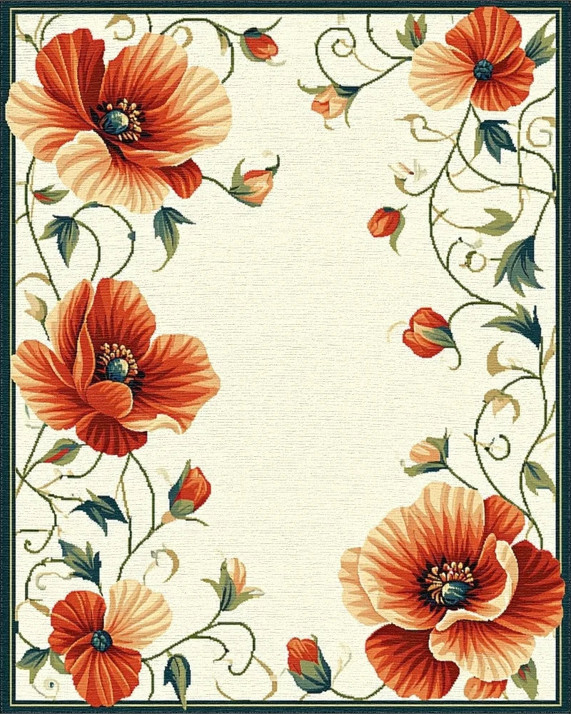 Vibrant Orange Poppy Floral Border Rug - Cutout View
