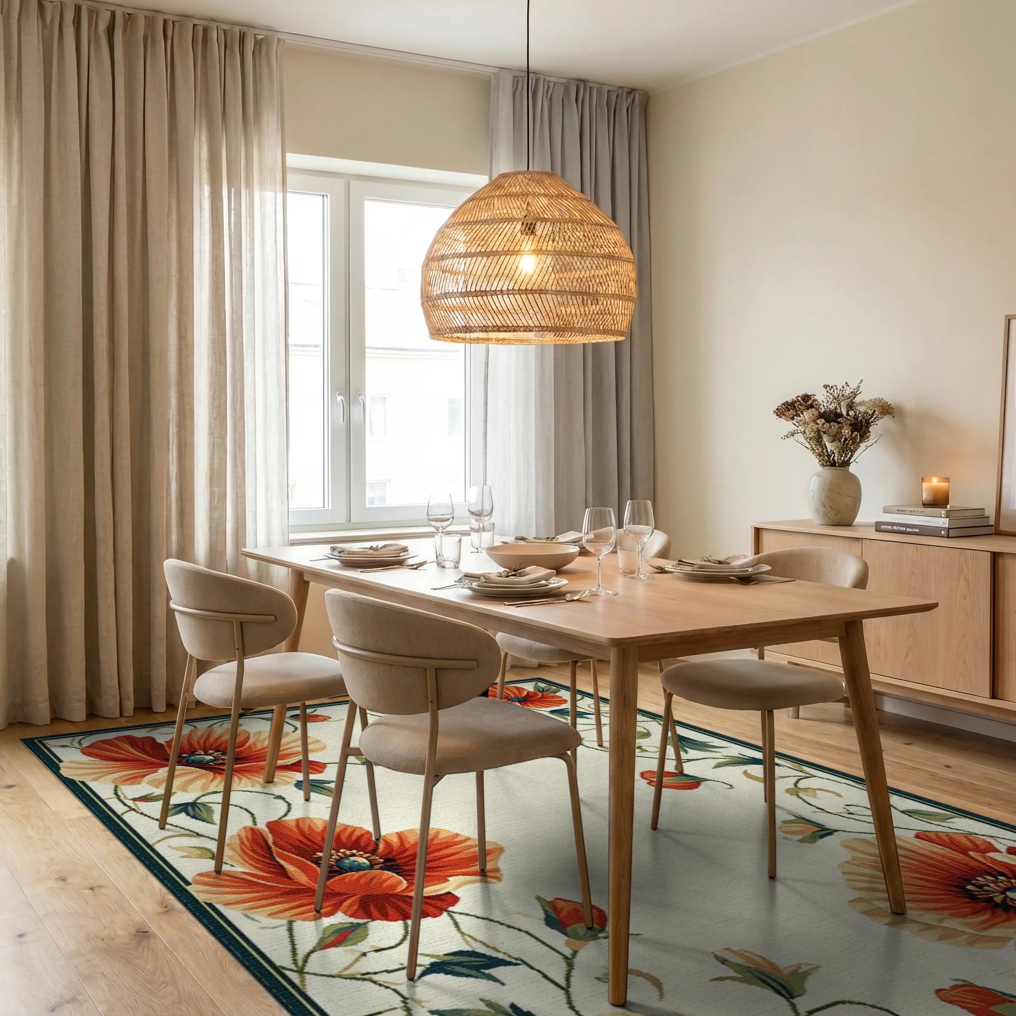 Vibrant Orange Poppy Floral Border Rug - Dining Room View