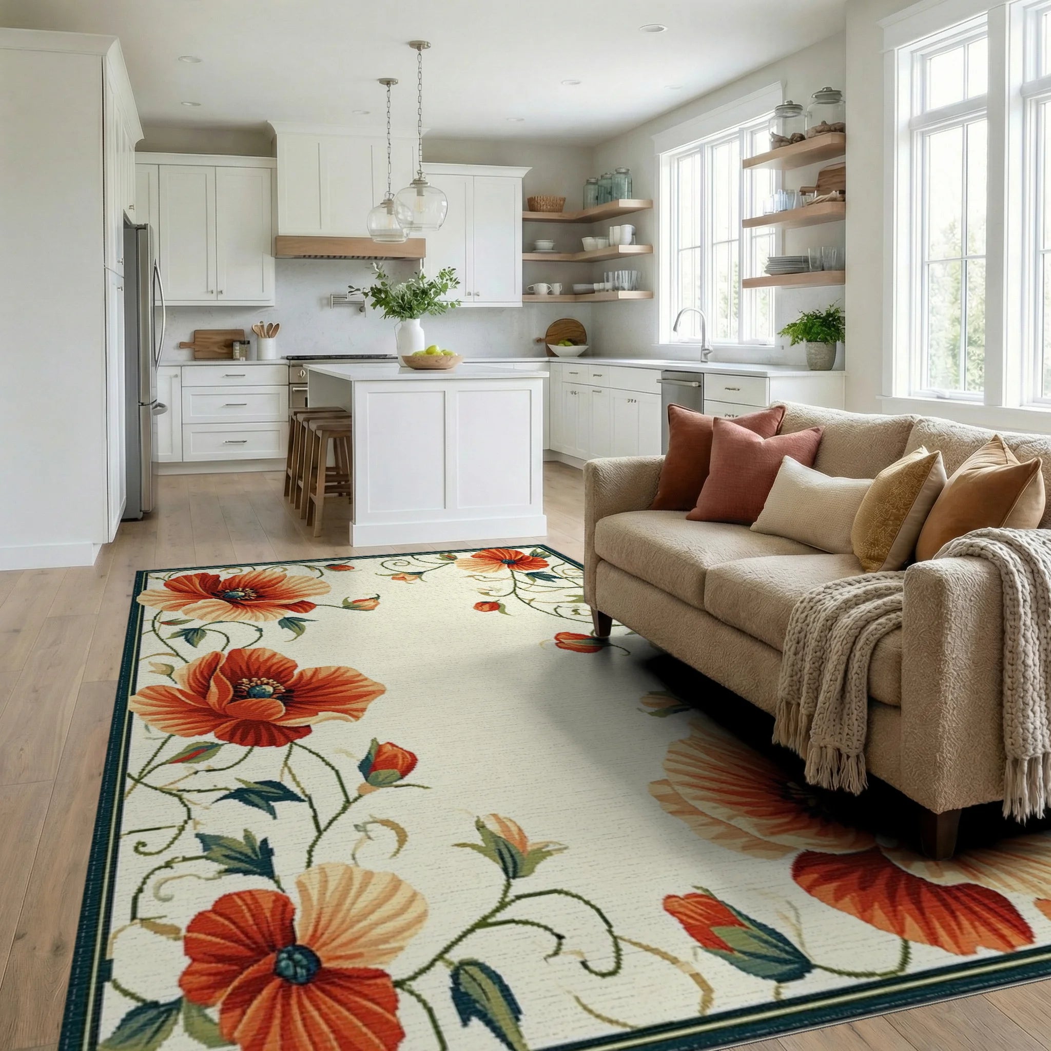 Vibrant Orange Poppy Floral Border Rug - Living Room View