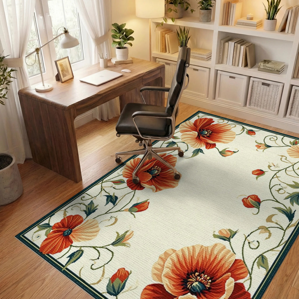 Vibrant Orange Poppy Floral Border Rug - Office View