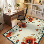 Vibrant Orange Poppy Floral Border Rug - Office View