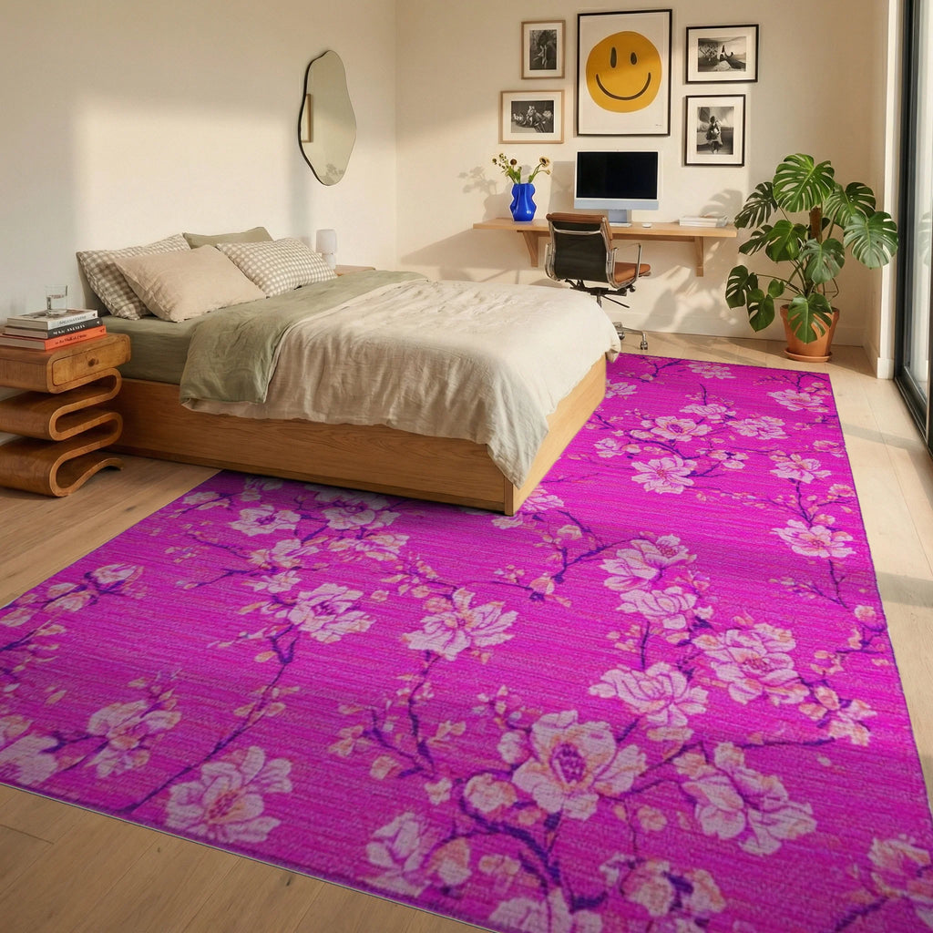 Vibrant Pink Blossom Branch Rug - Bedroom View