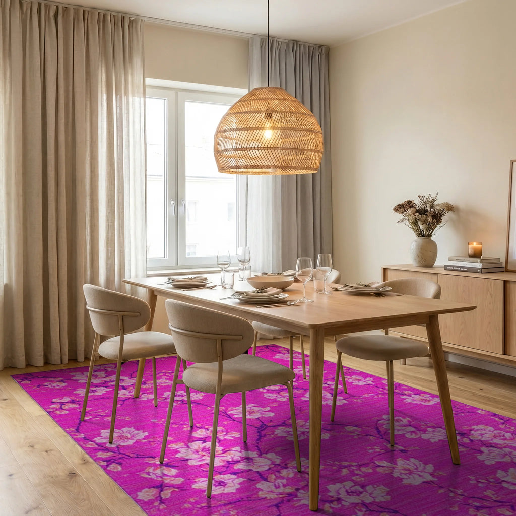 Vibrant Pink Blossom Branch Rug - Dining Room View