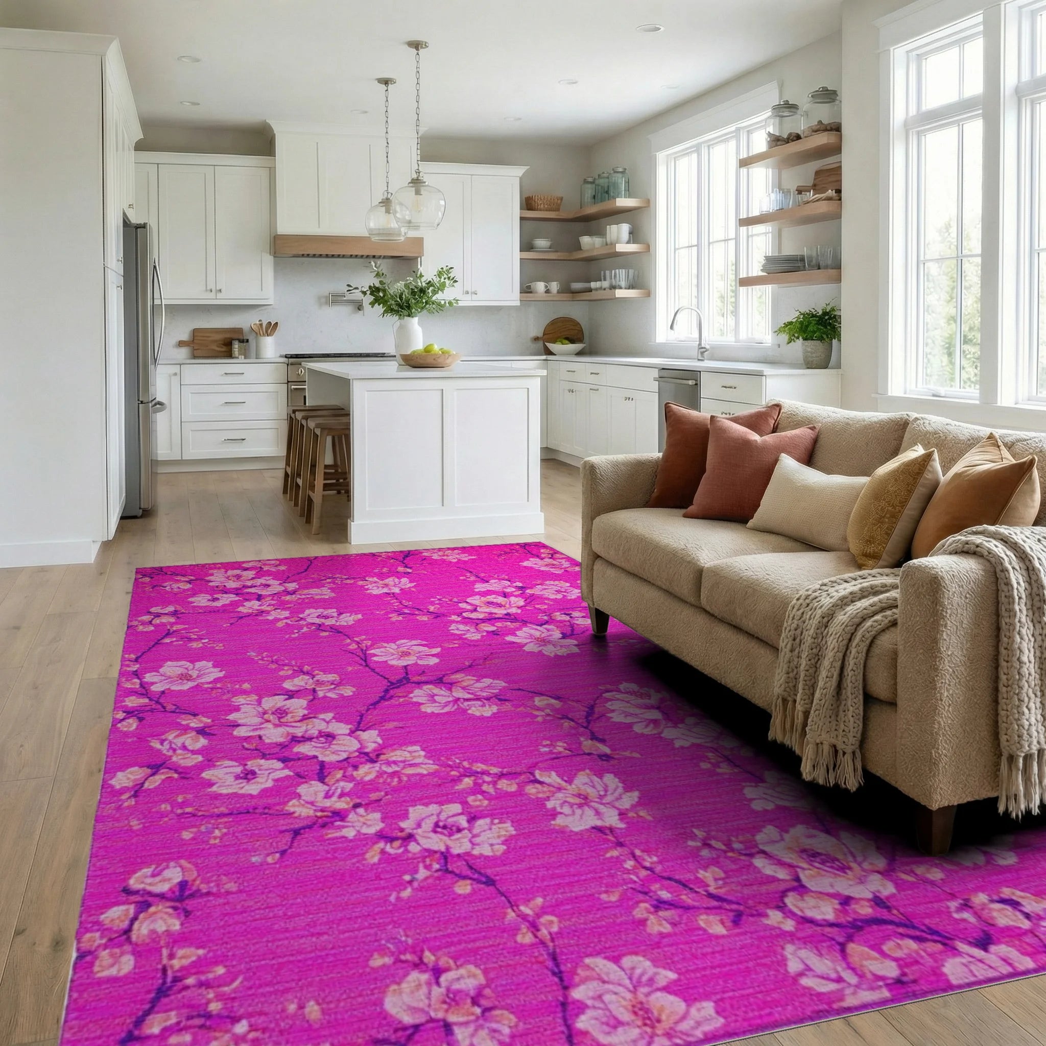 Vibrant Pink Blossom Branch Rug - Living Room View