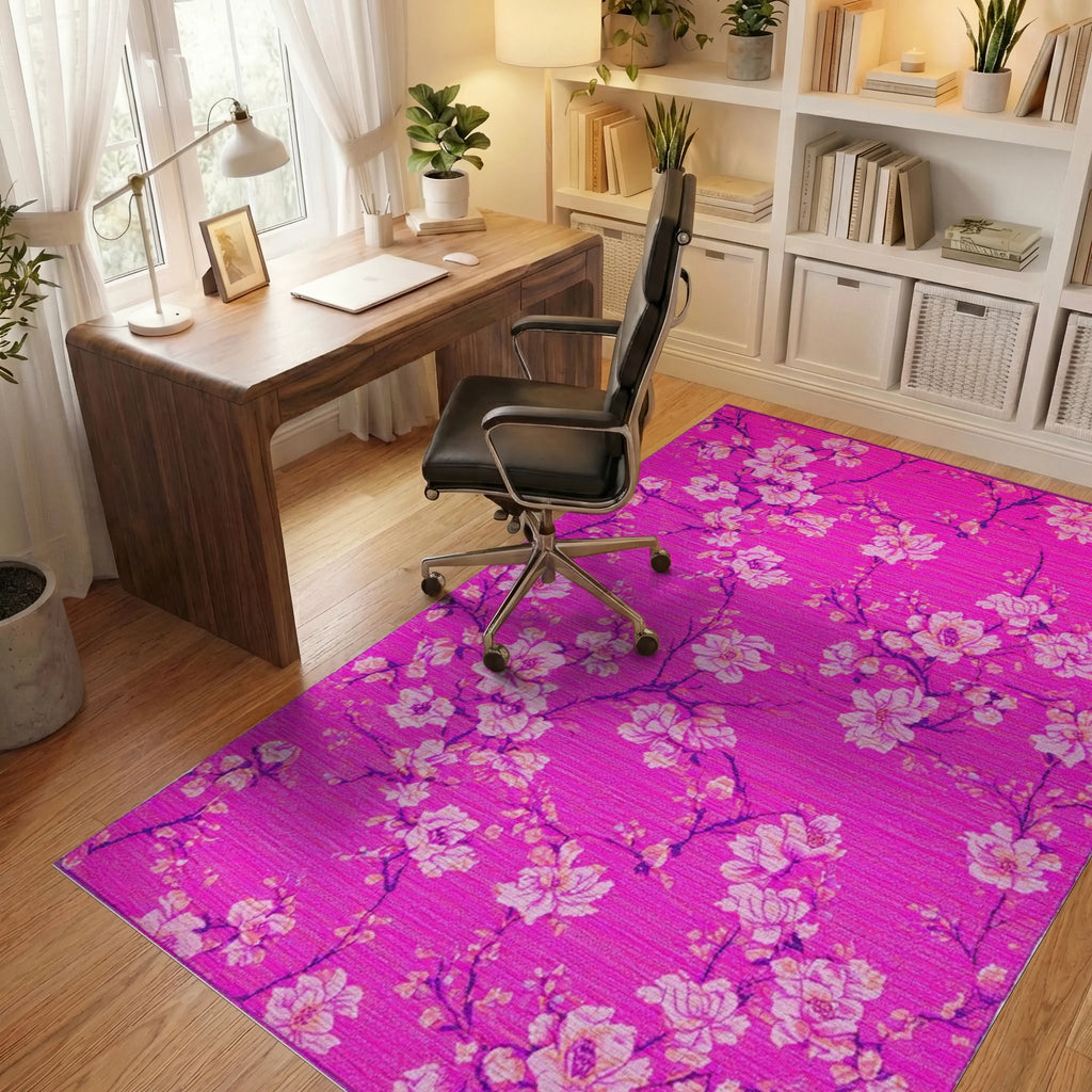 Vibrant Pink Blossom Branch Rug - Office View
