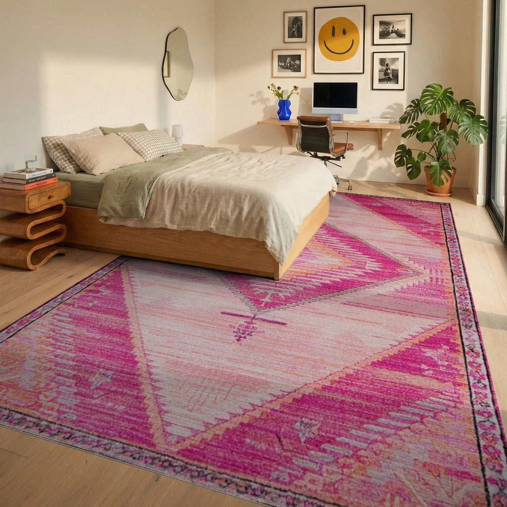 Vibrant Pink Diamond Tribal Rug - Bedroom View