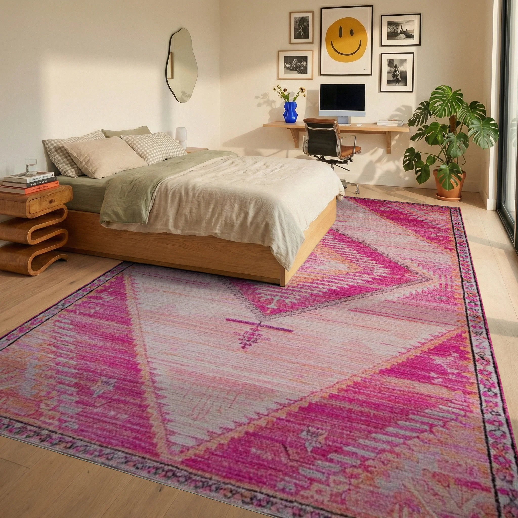 Vibrant Pink Diamond Tribal Rug - Bedroom View