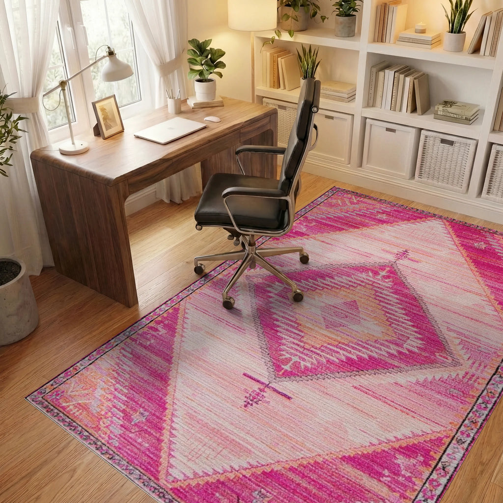 Vibrant Pink Diamond Tribal Rug - Office View
