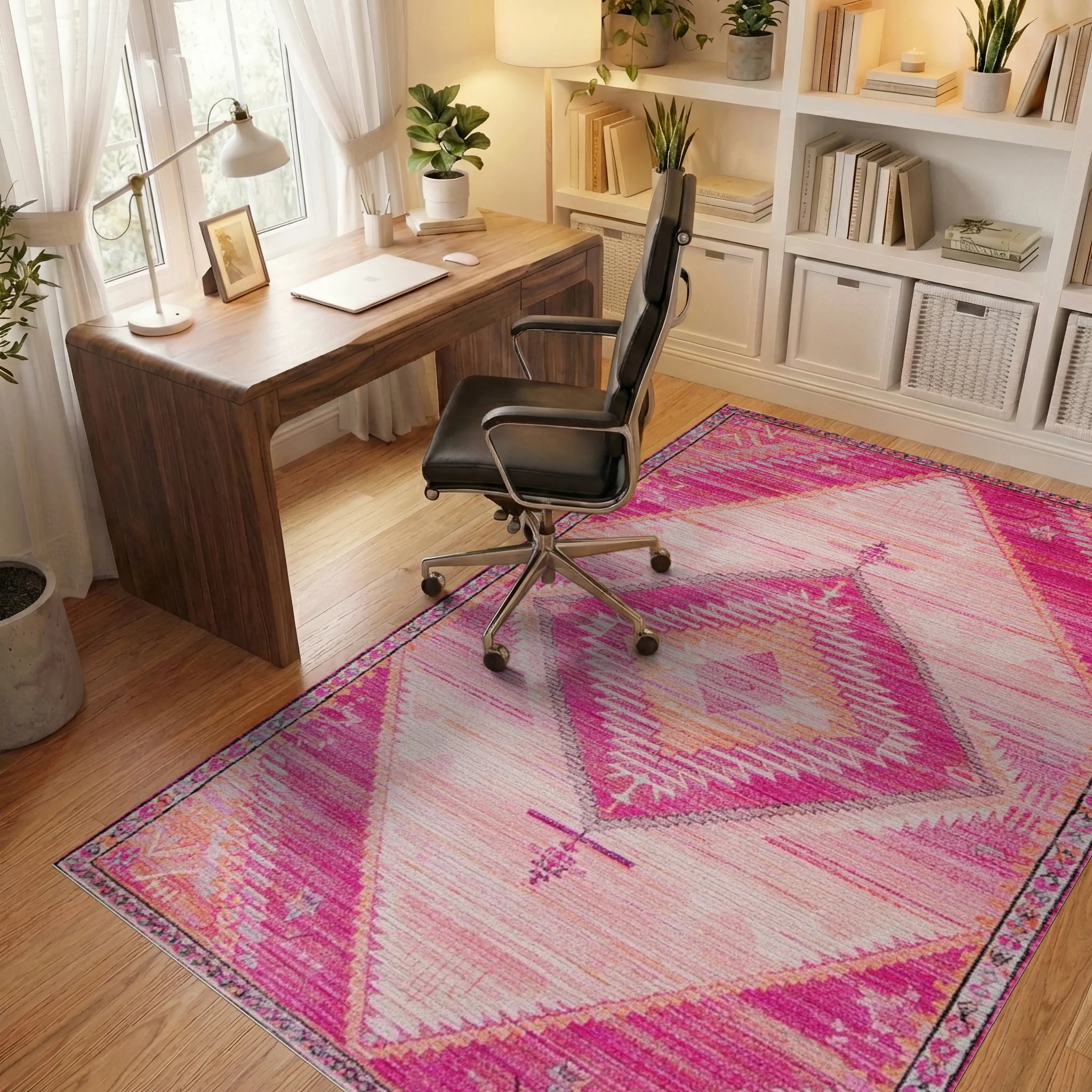 Vibrant Pink Diamond Tribal Rug - Office View