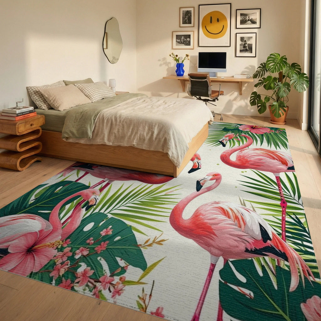 Vibrant Pink Flamingos Tropical Leaf Rug - Bedroom View