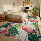 Vibrant Pink Flamingos Tropical Leaf Rug - Bedroom View