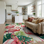 Vibrant Pink Flamingos Tropical Leaf Rug - Living Room View