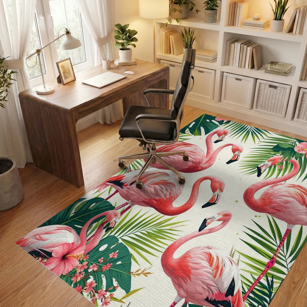 Vibrant Pink Flamingos Tropical Leaf Rug - Office View