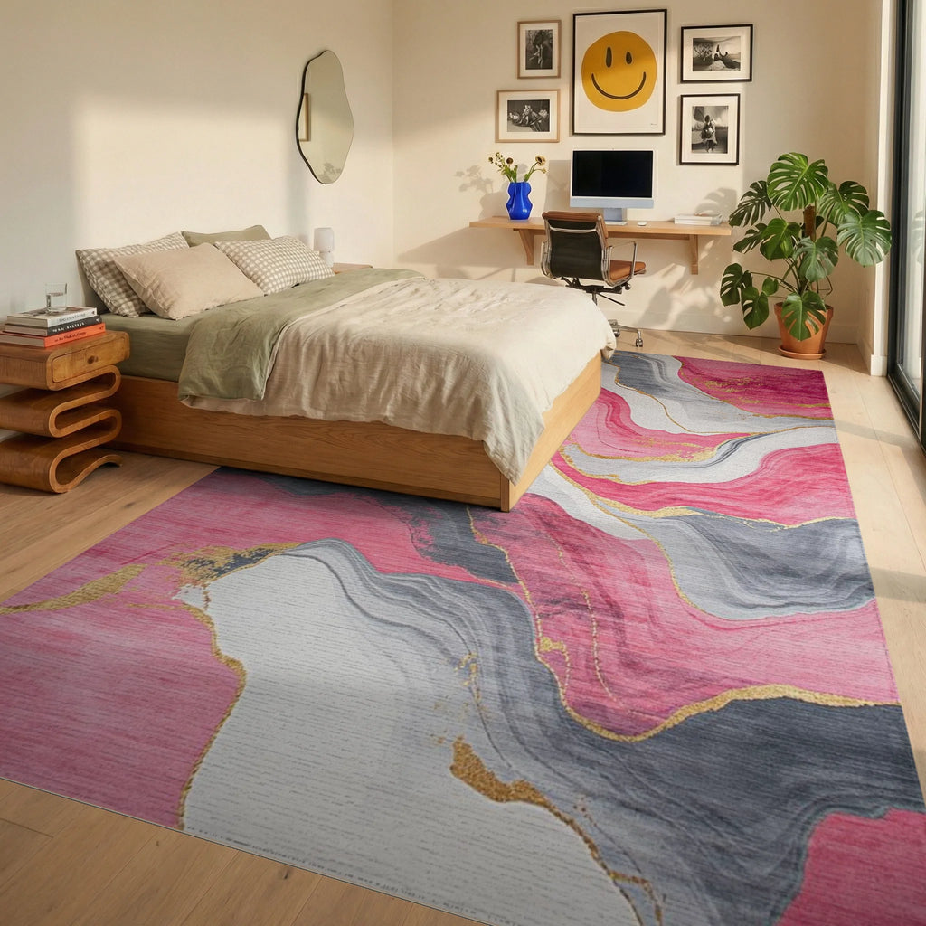 Vibrant Pink Gray Gold Agate Marble Rug - Bedroom View