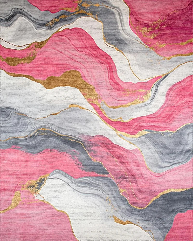 Vibrant Pink Gray Gold Agate Marble Rug - Cutout View