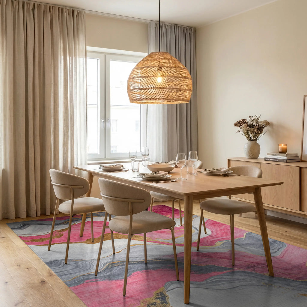 Vibrant Pink Gray Gold Agate Marble Rug - Dining Room View