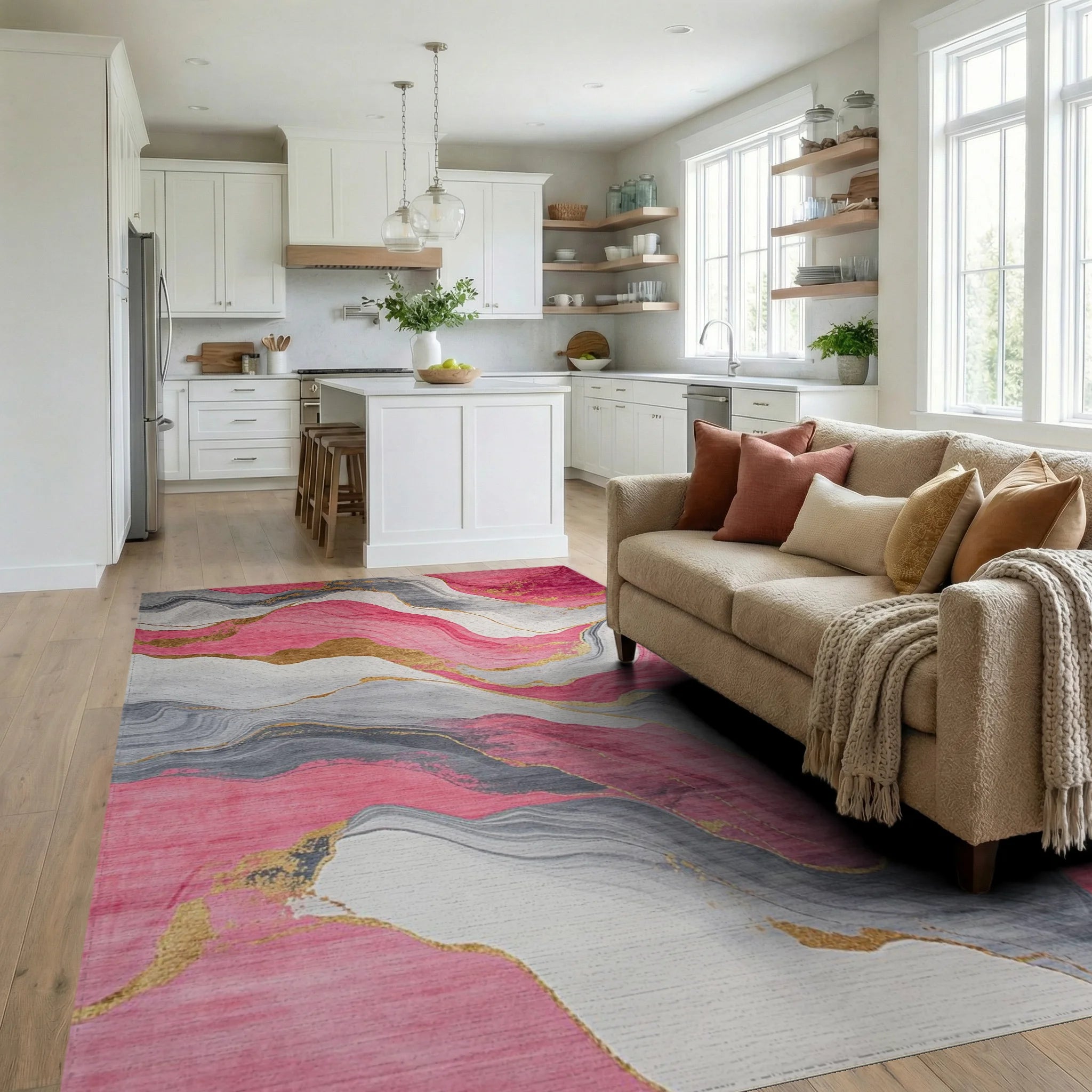Vibrant Pink Gray Gold Agate Marble Rug - Living Room View